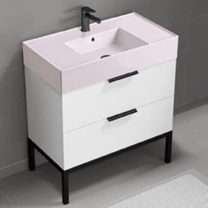 Modern Bathroom Vanity, 32 inch, Pink Ceramic Sink, Free Standing